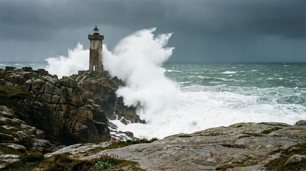 A coastal granite cliff in Brittany during a winter storm