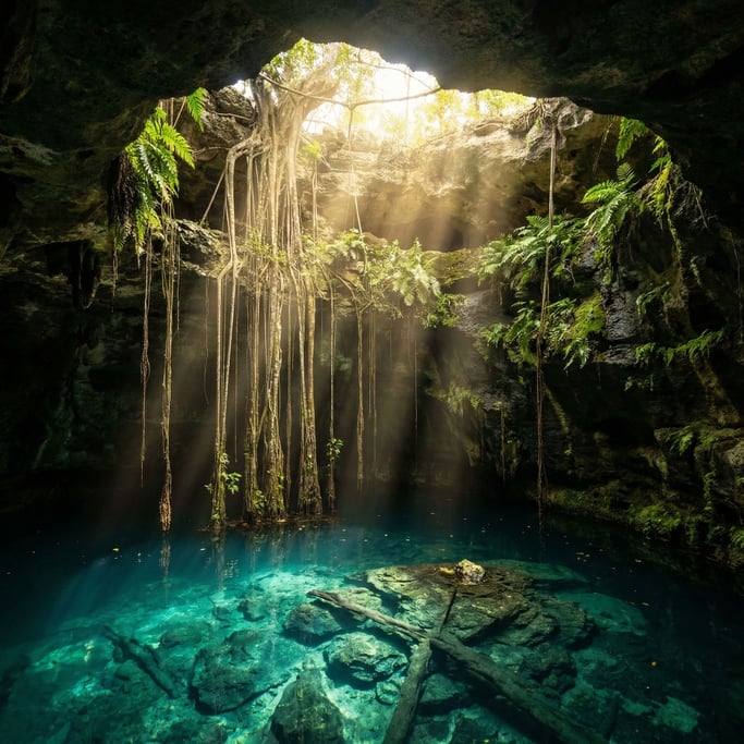 A Yucatan cenote shot from inside looking up through the collapsed limestone ceiling