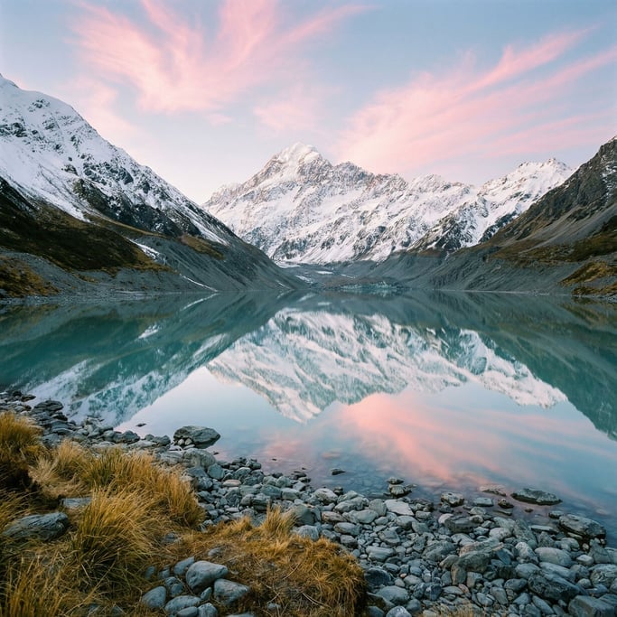 A glacial tarn in New Zealand's Aoraki region reflecting snow-covered Southern Alps in perfect mirror symmetry