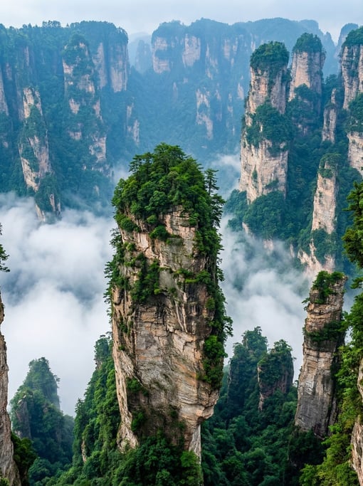 The Zhangjiajie sandstone pillars in Hunan Province rising from a sea of white cloud filling the valley below