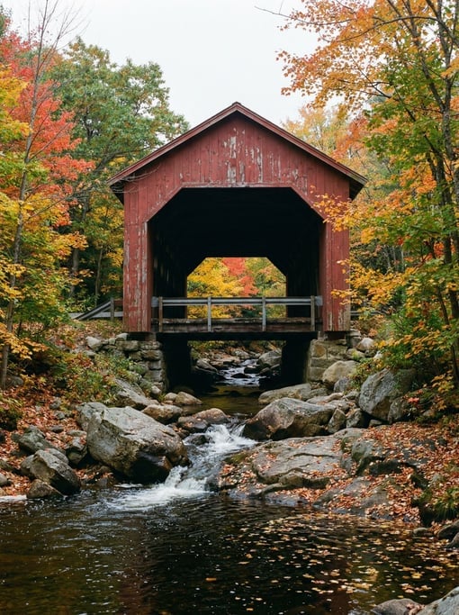 A New England covered bridge in peak autumn