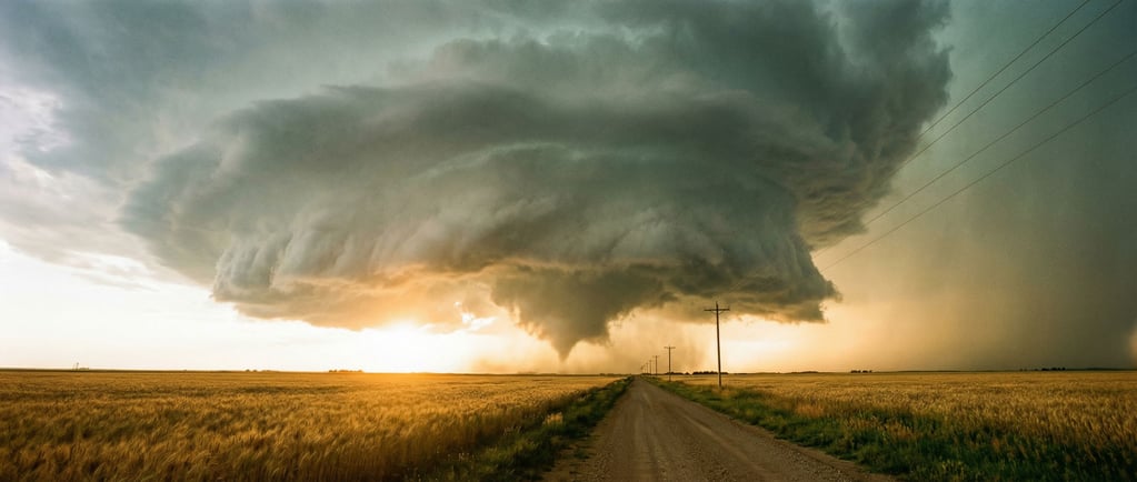 A supercell thunderstorm approaching across the Kansas Great Plains