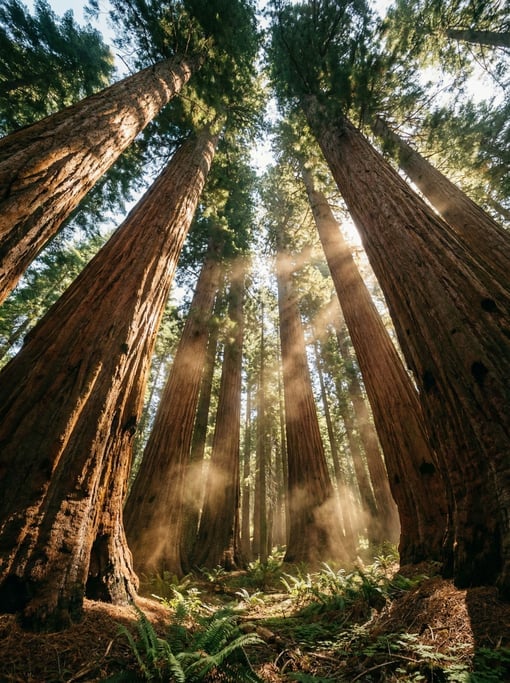Looking straight up through a giant sequoia grove canopy in California