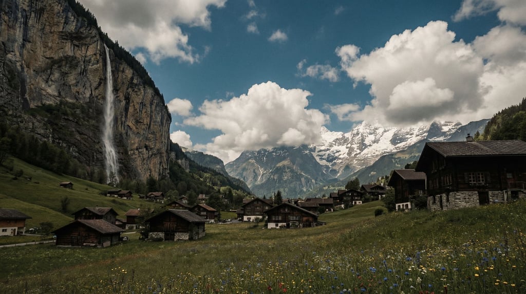 A lush green valley near Lauterbrunnen in the Swiss Alps