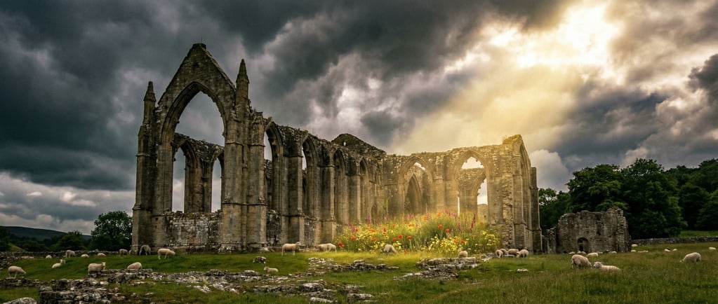 A ruined Gothic abbey in the Yorkshire Dales during a dramatic sky break
