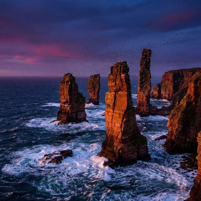 Sea stacks off Orkney at sunset