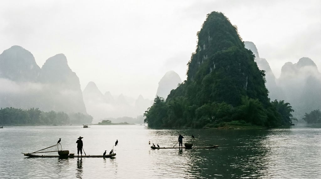 Karst peaks of Guilin emerging from morning mist along the Li River