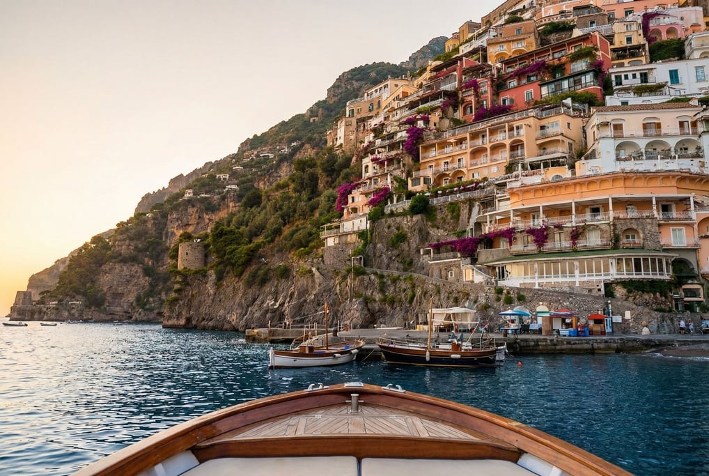 Positano on the Amalfi Coast from the water at golden hour