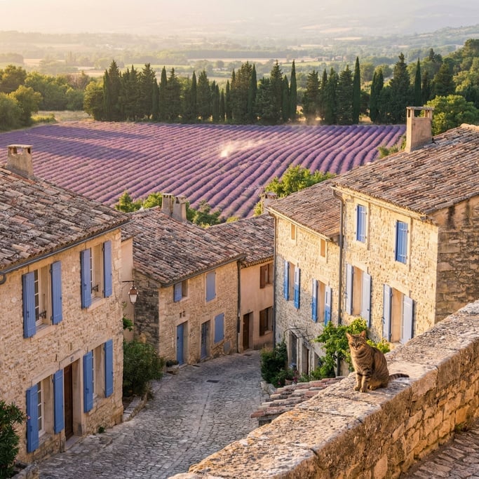 A hilltop Provencal village with stone houses and blue shutters