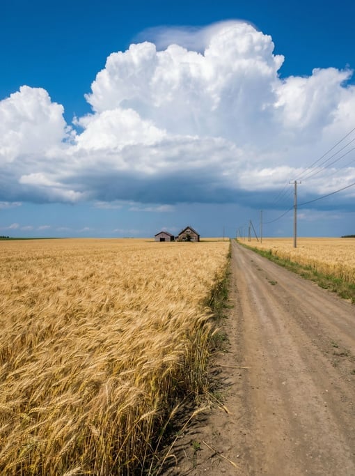 A vast golden wheat field in Hokkaido with a single unpaved road cutting through to a lone farmhouse on the horizon