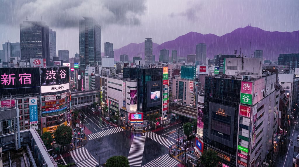 Tokyo from a rooftop during a rainstorm