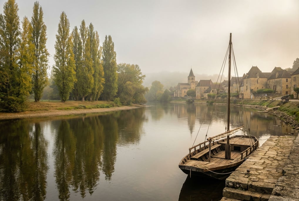 A riverside scene along the Dordogne on a hazy September morning
