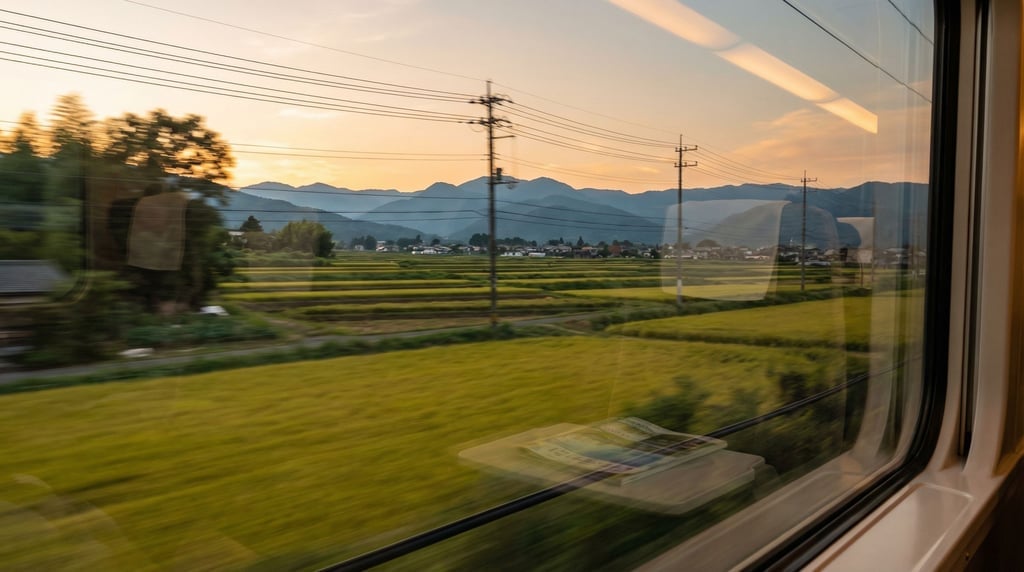 View from a Shinkansen window through rural Japan in late afternoon