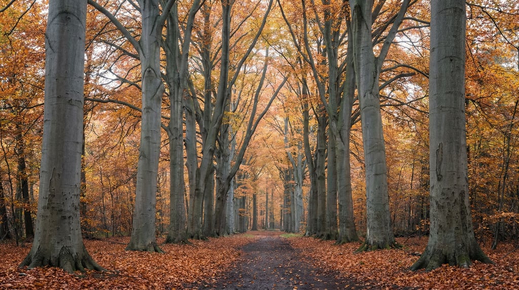 An ancient beech woodland path in Belgium during peak autumn