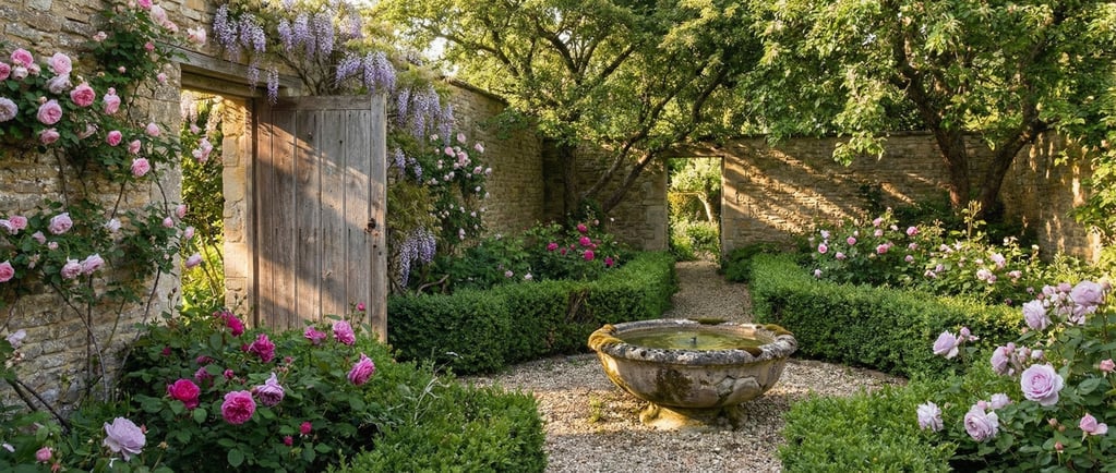 A walled garden through a weathered wooden door in a Cotswold stone wall
