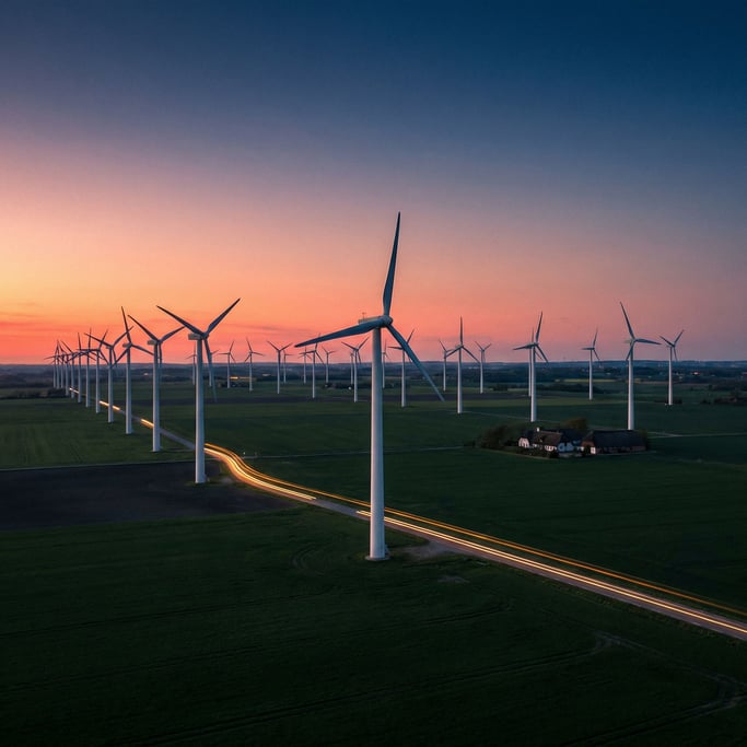 Wind turbines in the Danish countryside at twilight