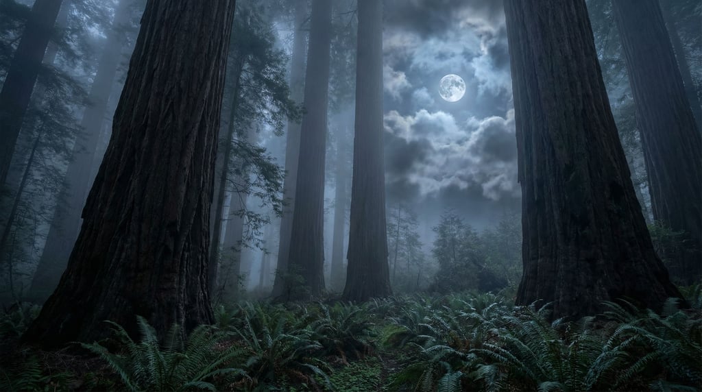 Old-growth redwood forest, massive trunks disappearing into fog (lttth7ys)