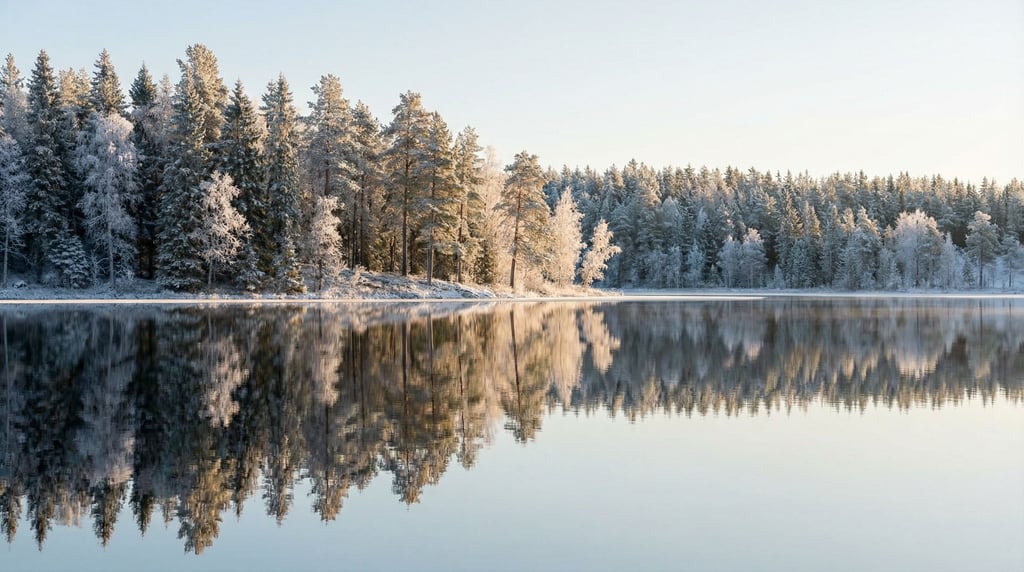 Frost-covered boreal forest at sunrise, every needle and branch outlined in delicate white crystal (xuujtshn)