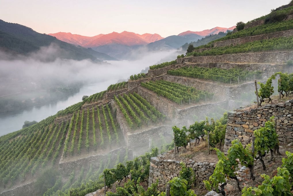 Vineyard rows on steep hillside terraces (ao01hgym)
