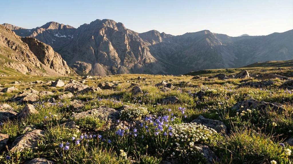 A high alpine meadow above treeline, tiny wildflowers among rocks (xn5129u5)