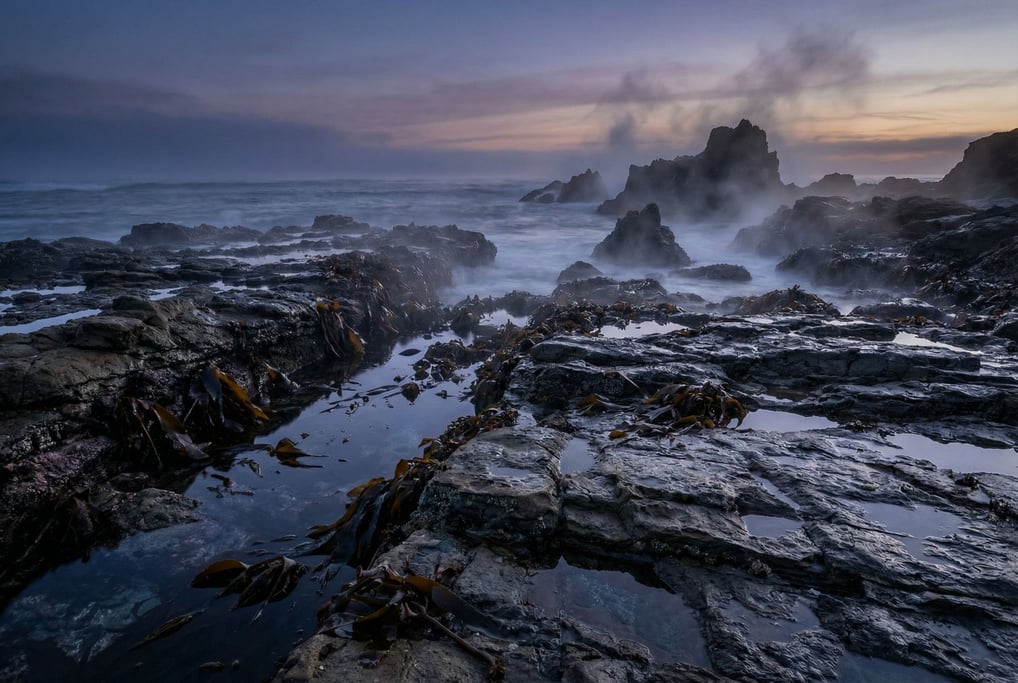 Wave-cut platform at very low tide, tide pools and kelp exposed, rocky shoreline geometry (k6bbnxxq)