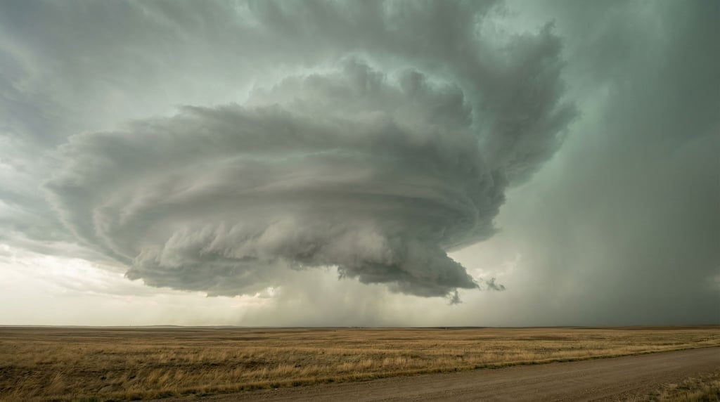 Supercell thunderstorm over open plains, structured rotating clouds with a green-tinged sky (11)