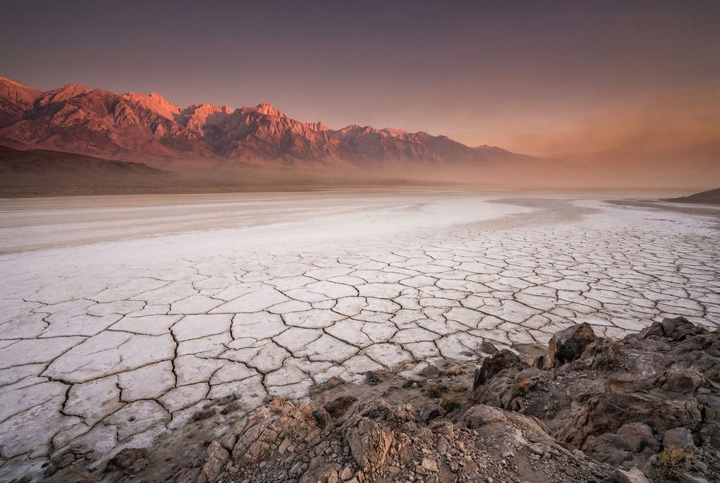 Dried lakebed with cracking mud patterns stretching to distant mountains, bleached white and minimal (qha3voe)
