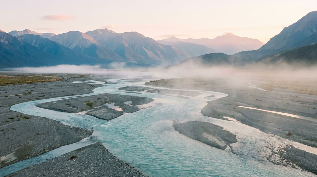 Turquoise glacial meltwater river braiding across a gray gravel plain, seen from above (ypz9hhu4)