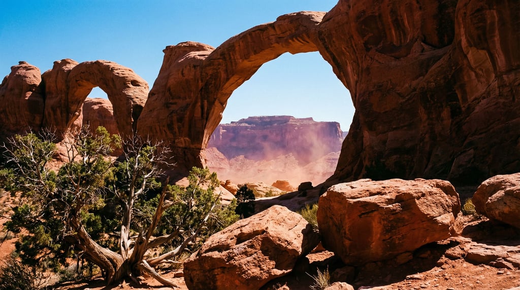 Wind-carved sandstone arches framing a distant mesa, warm red rock against blue sky (atqvbomm)