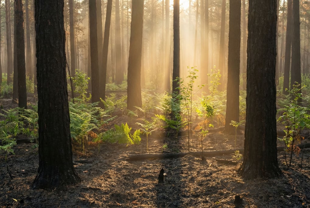 A burned forest regenerating, blackened trunks with bright green new growth pushing through ash-cove (aibycemk)
