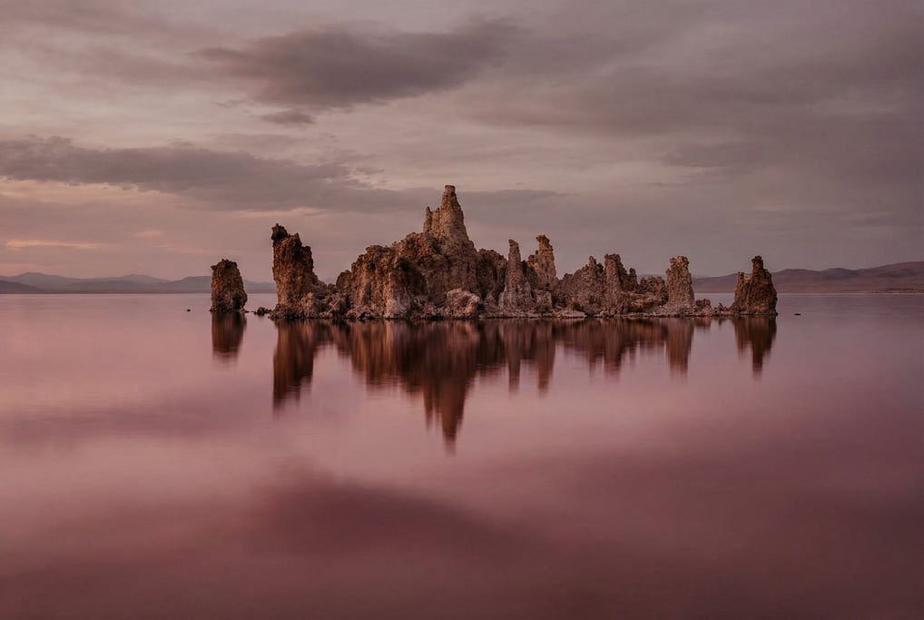 Tufa towers rising from alkaline lake water (tqpvwgzv)