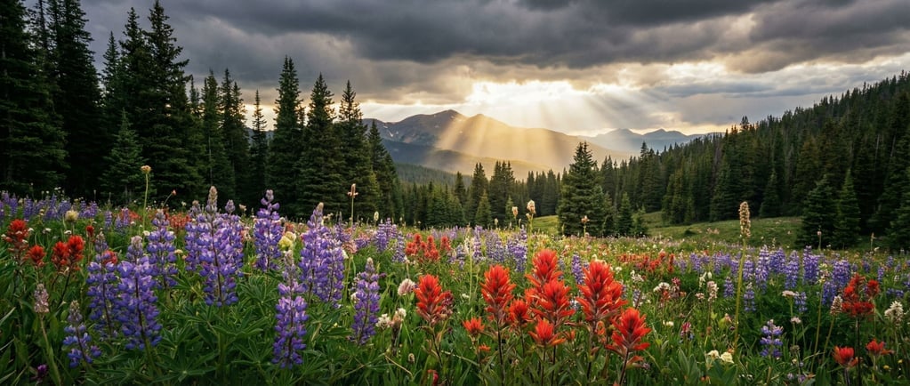 Wildflower meadow at the edge of a pine forest, lupines and paintbrush in vivid purple and red (cmoq1zc)