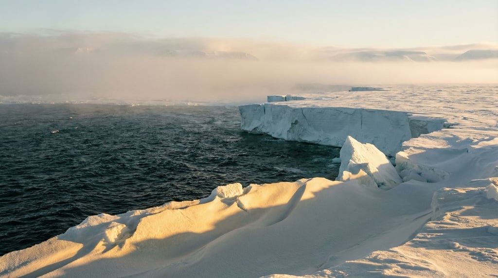 Frozen ocean shoreline, shelf ice meeting dark open water at a sharp boundary line (pe7ok)