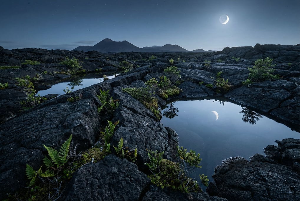 Volcanic lava field with pioneer vegetation pushing through cracks in black rock (8nfitcr9)