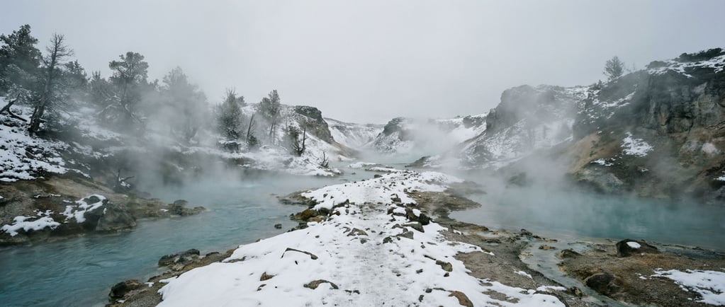 Snow-covered volcanic hot springs, steam rising from turquoise mineral pools into sub-zero air (l59vpj2s)