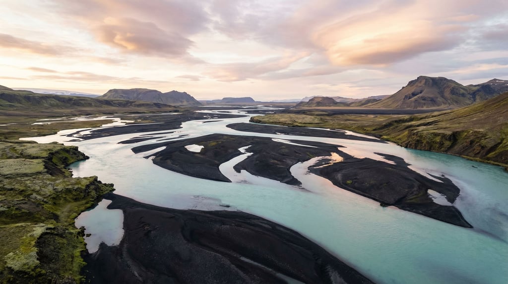 Aerial view of a braided river system in Iceland (vy0zb807)