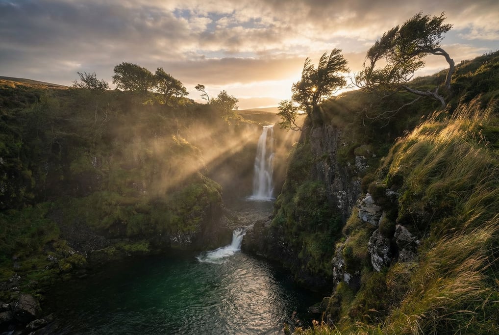 Waterfall plunging into a mossy gorge, mist rising into angled sunbeams, emerald pool at the base (nrcrumgv)