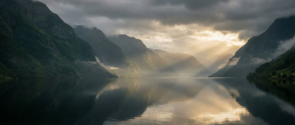 Fjord at dawn, dark mirror-still water stretching between steep green mountains disappearing into mi (nbug7kne)