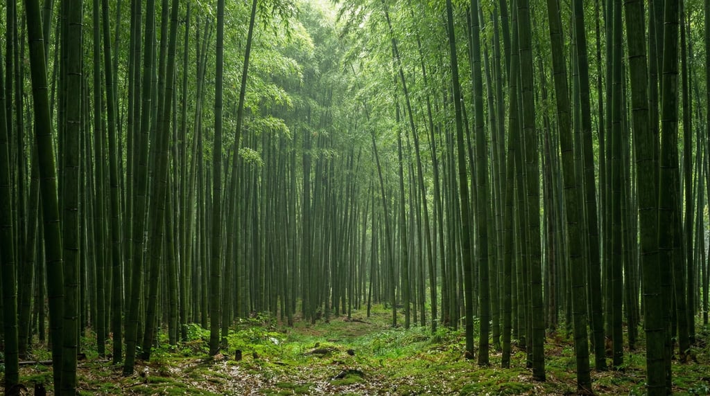 Bamboo grove, perfectly vertical green stalks in dense rows (tj0esmn)