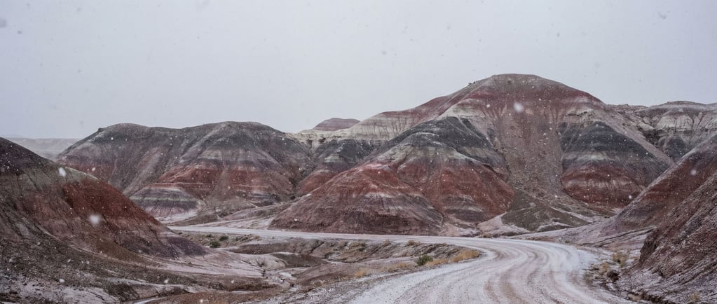 Painted desert hills in bands of red, purple, gray, and white (bibf)
