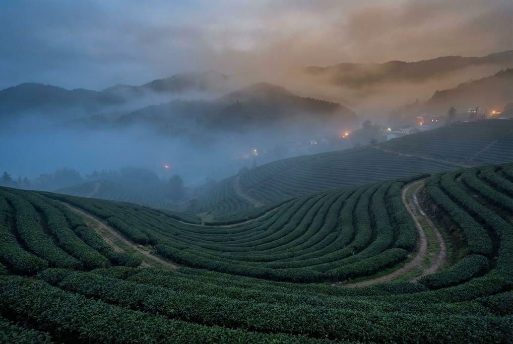 Tea plantation on misty mountain slopes, neat rows of green bushes curving along contours into fog (jyqdnjog)