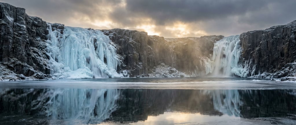 A frozen waterfall cascading down a basalt cliff face, ice formations in pale blue and white (xne4l2h6)