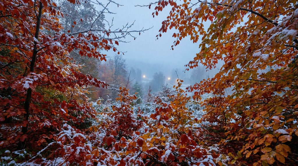 First snow settling on autumn leaves still clinging to branches, two seasons colliding in one frame (d8t4fik)