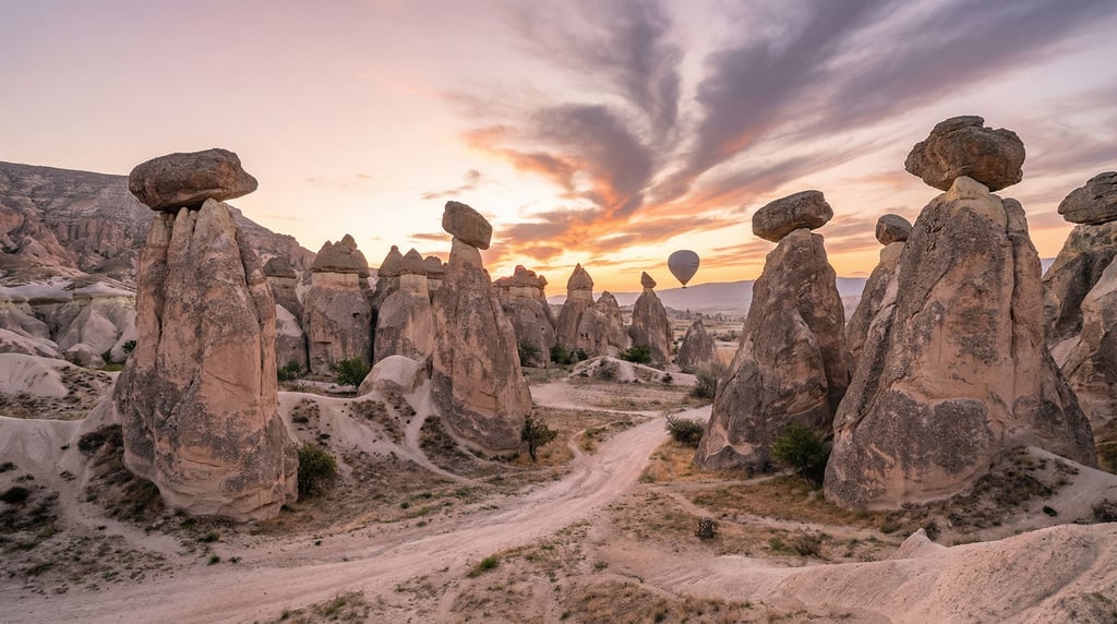 Fairy chimneys in Cappadocia, erosion-carved stone towers with balanced cap rocks (hmaihagy)