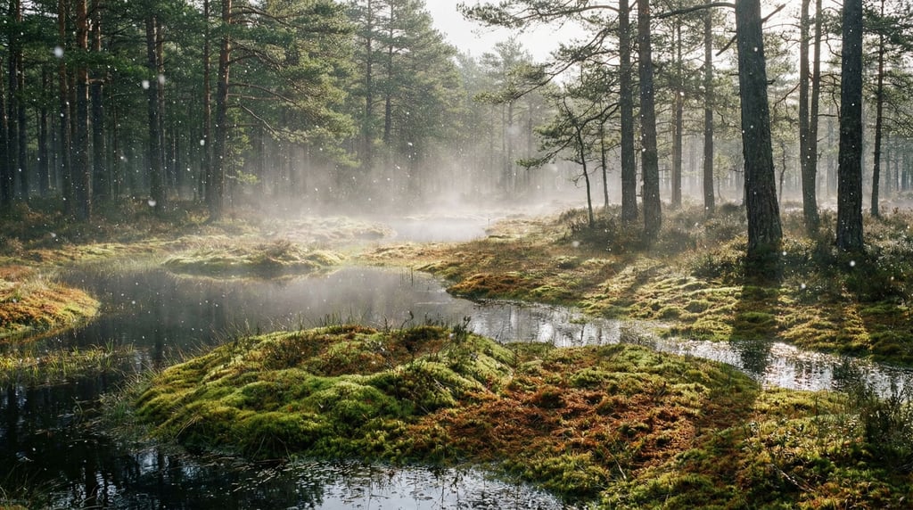Peat bog at dawn, pools of dark water between hummocks of sphagnum moss, mist hanging low (am3wwnaf)