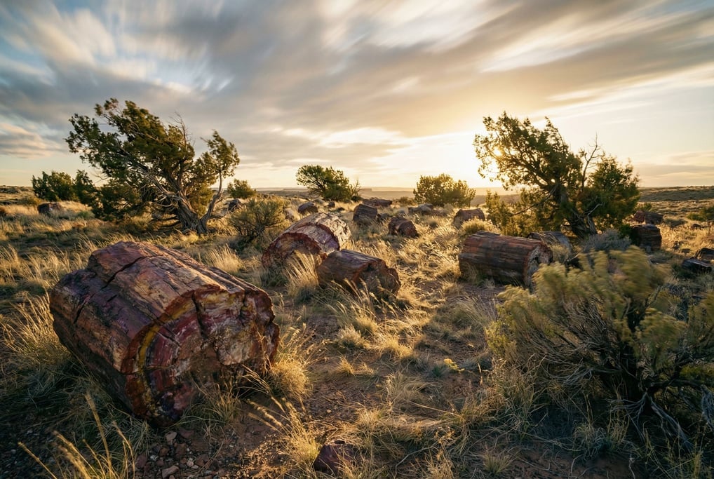 Petrified forest, fallen stone trunks scattered across painted desert (xami10dj)