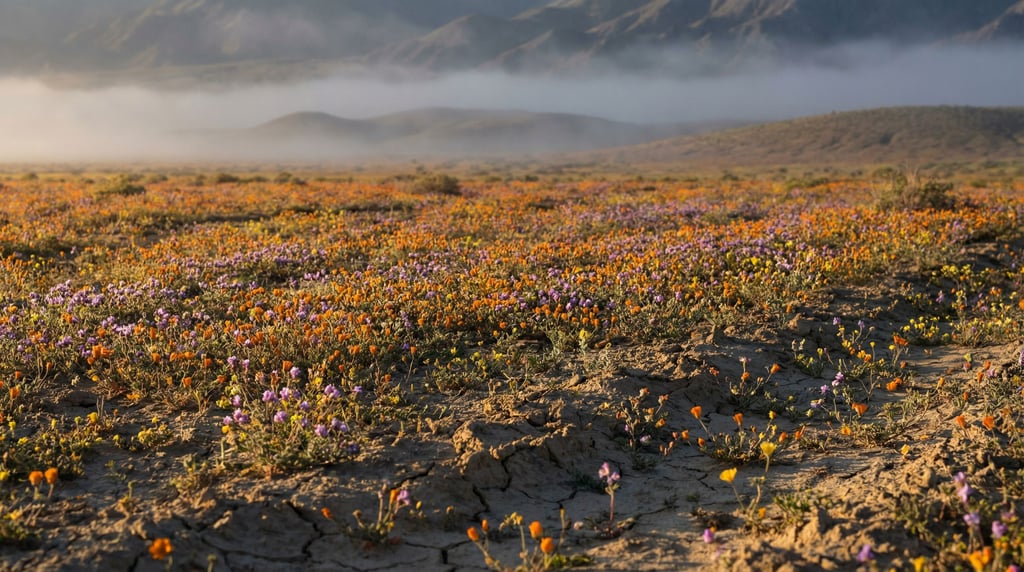 Desert wildflower superbloom, millions of tiny flowers carpeting cracked earth in vivid color to the (sflgei25)
