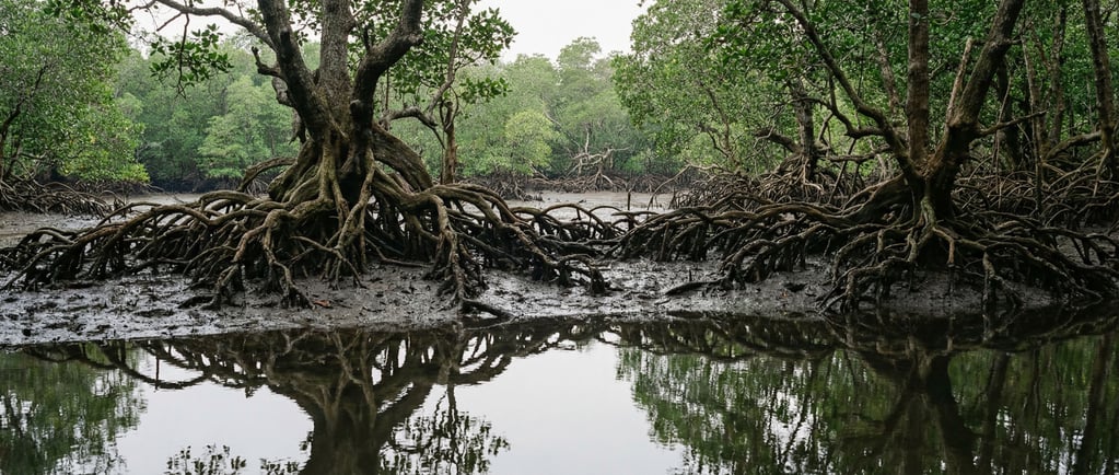 Mangrove forest at low tide, twisted root systems exposed above dark mud (9c0n9oo3)