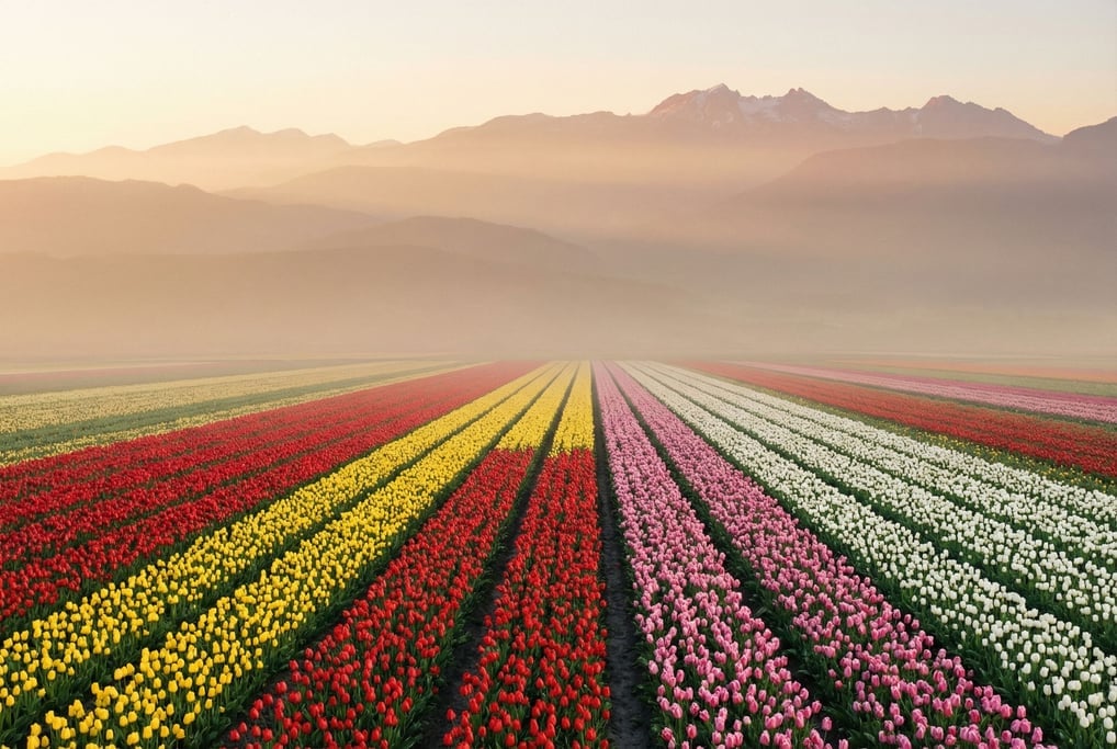 Tulip fields from directly above, bold stripes of red, yellow, pink (so)