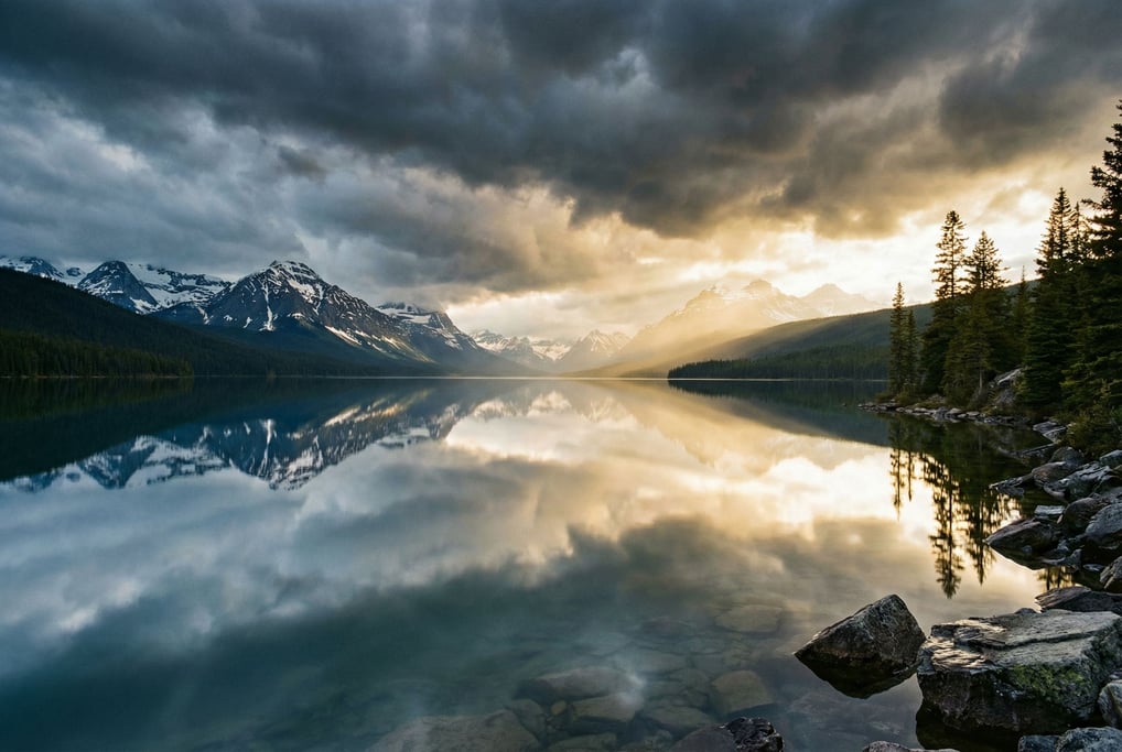 Mirror-perfect mountain lake reflecting snow-capped peaks (a1qdmpib)